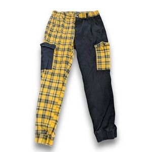 Hot Topic Split Plaid Stretch Waist Cargo Pants Yellow Black Womens Medium 8-10